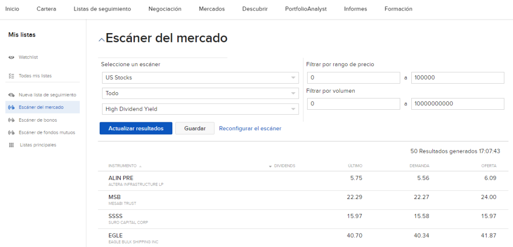 Escaner del mercado para buscar acciones en IBKR