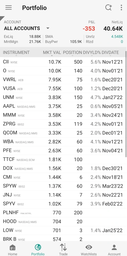 Cartera Portfolio en Interactive Brokers